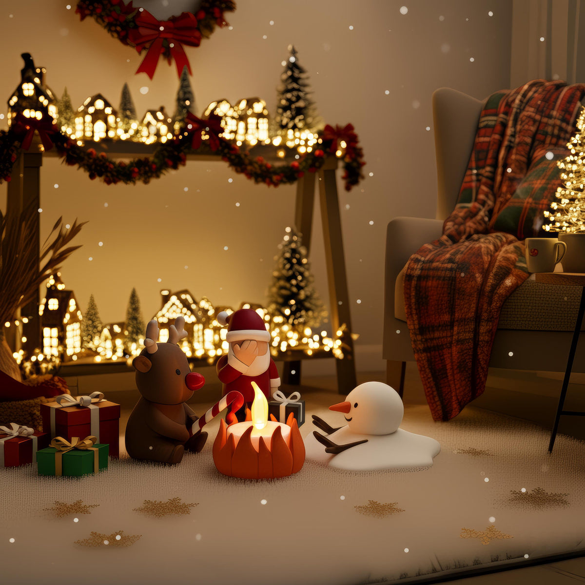 Miniatuur kerstkampvuur met LED-theelichtje, zonder open vuur