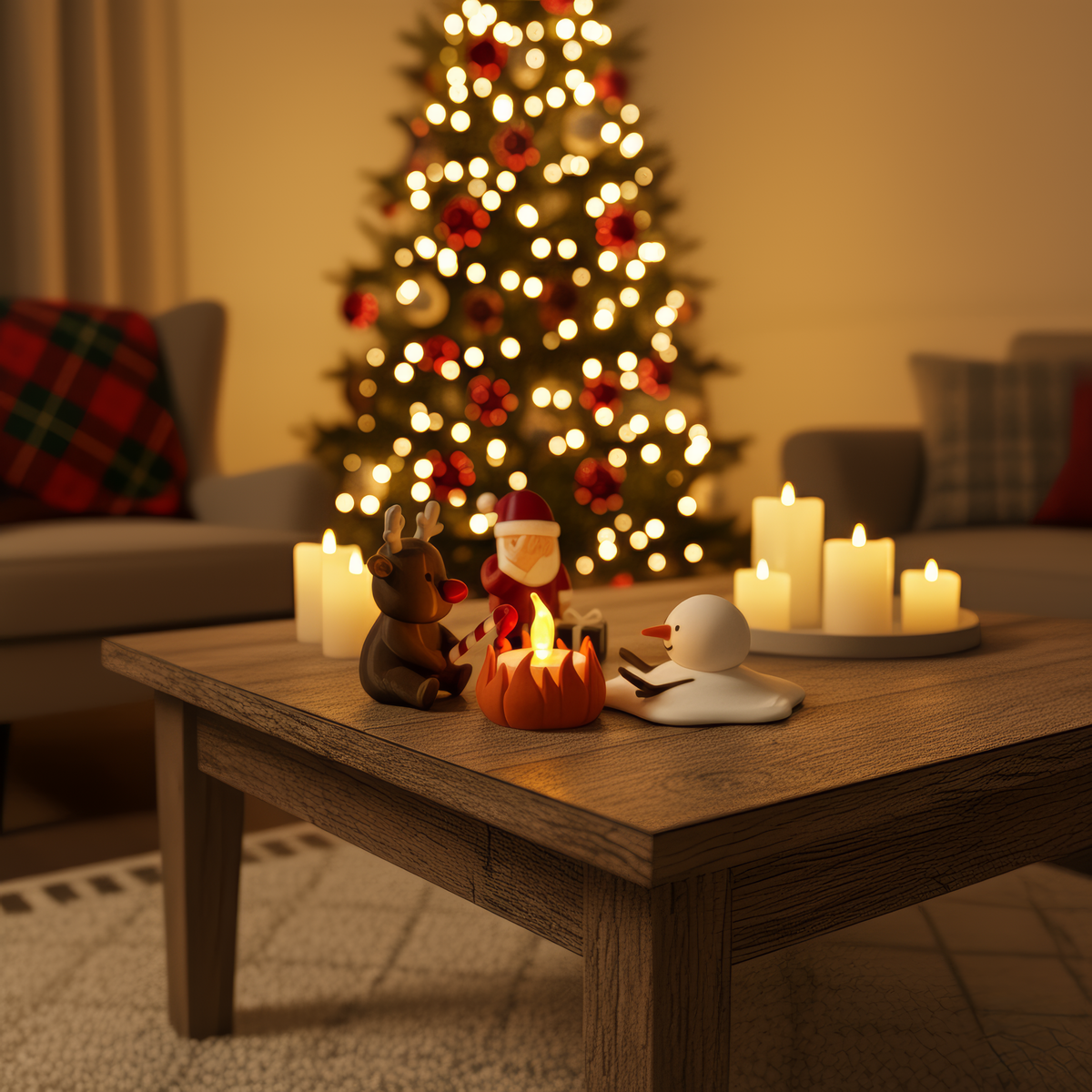 Kerstkampvuur op een salontafel met kaarsen en kerstboom