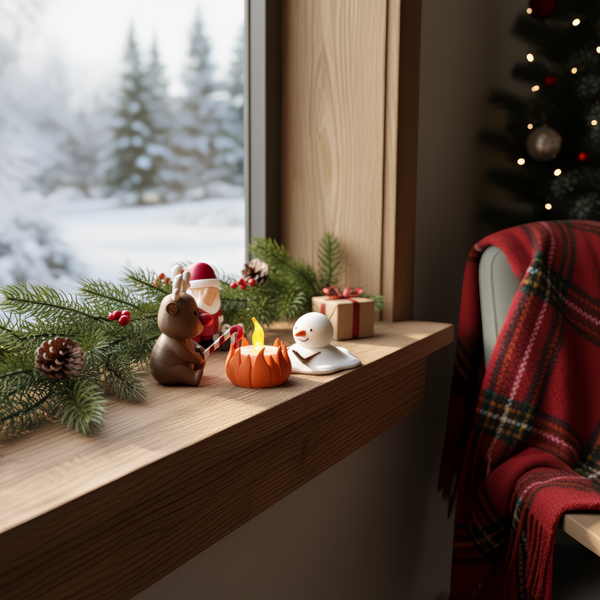 Kerstkampvuur op een vensterbank met dennentakken en sneeuw buiten