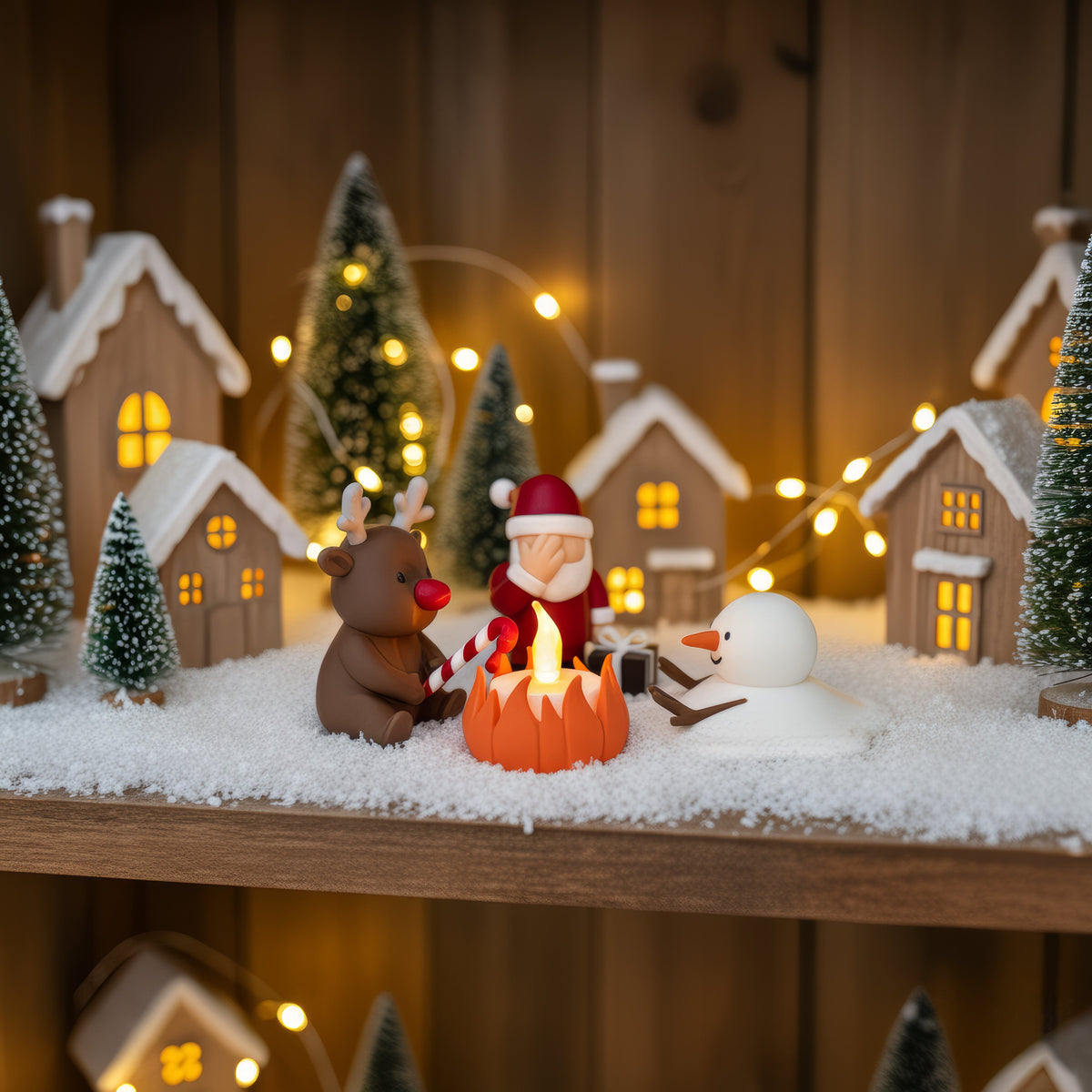 Kerstkampvuur tussen houten huisjes en sneeuw op een tafel