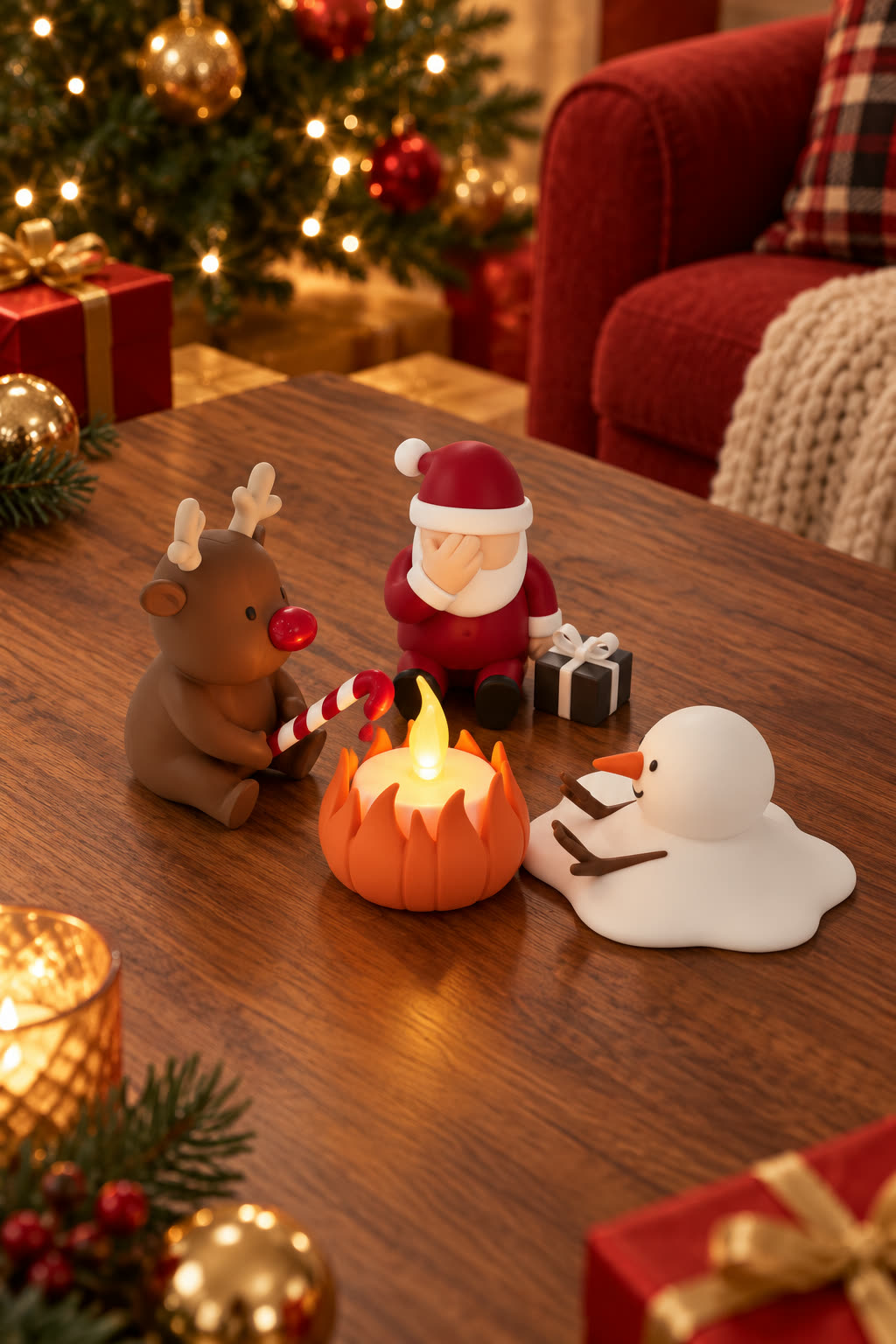 Christmas Campfire-set van Yafico, sfeer: warm rood met gouden kerstballen