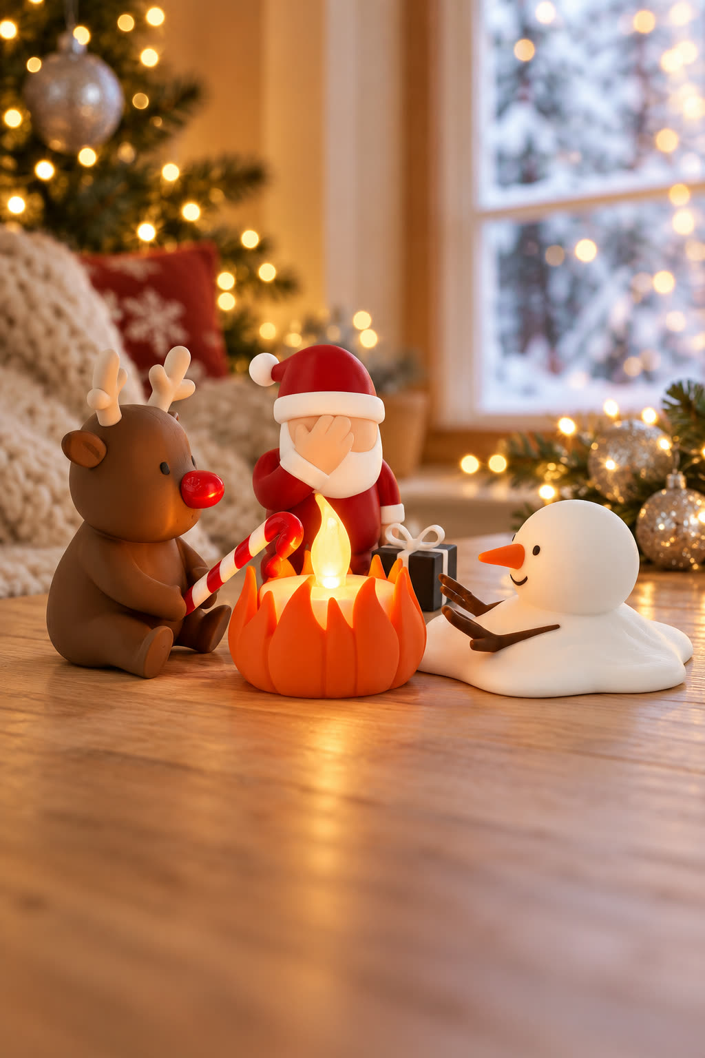 Christmas Campfire-set van Yafico, sfeer: winterlicht bij een besneeuwd raam