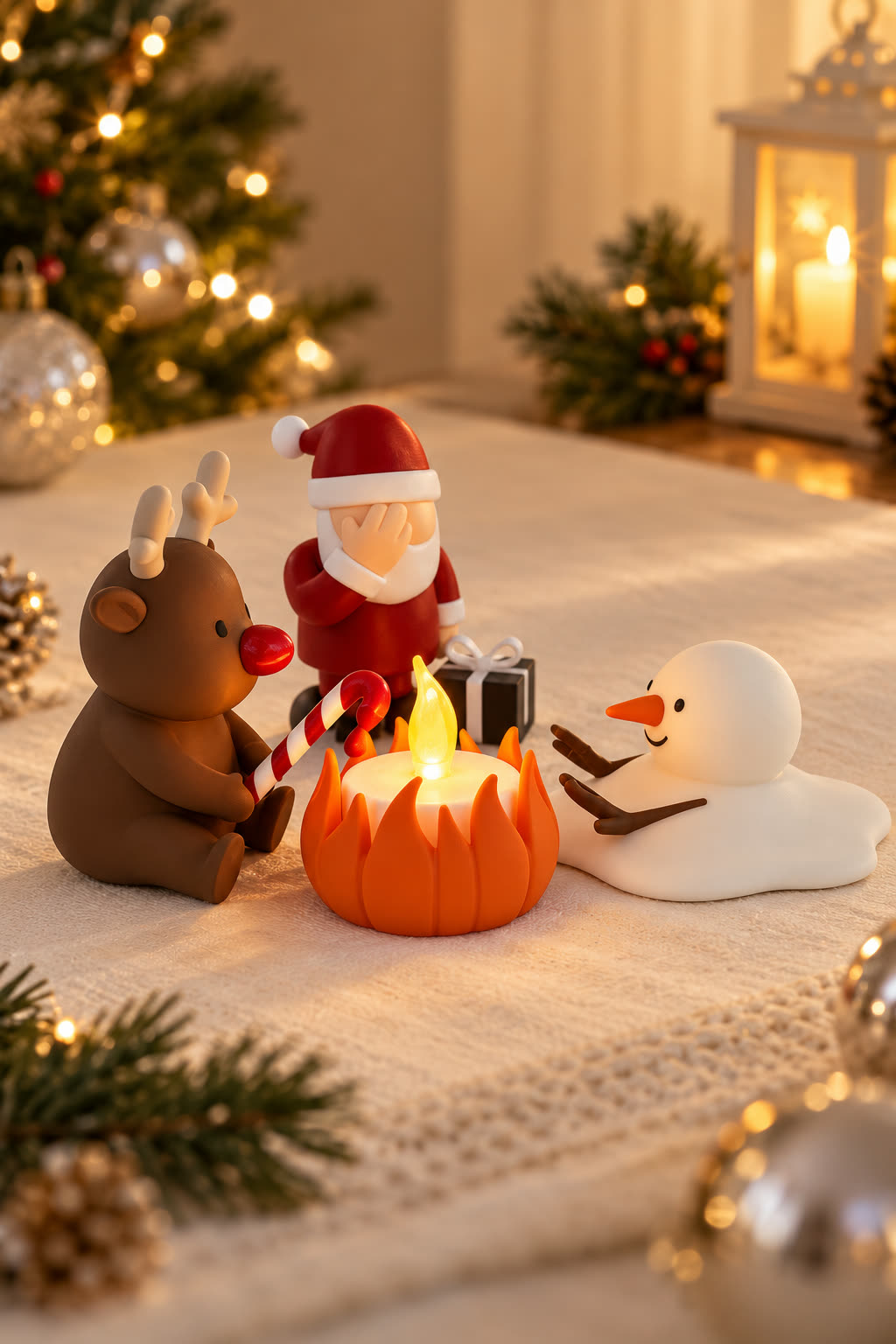 Christmas Campfire-set van Yafico, sfeer: wit-zilver bij kaarslicht