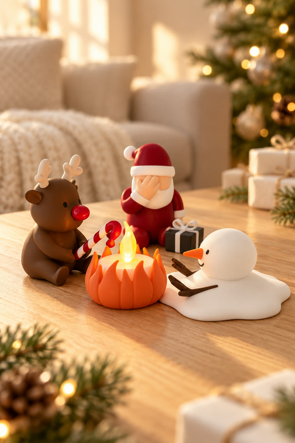Christmas Campfire-set van Yafico, sfeer: gouden ochtend in de woonkamer